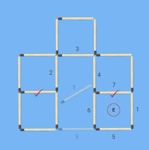 6 squares to 5 squares in 2 stick moves first solution