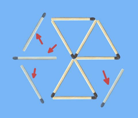 Remove 4 sticks to leave 3 triangles in hexagonal wheel puzzle - Final Solution