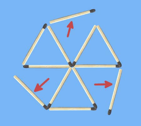 Remove 4 sticks to leave 3 triangles in hexagonal wheel puzzle - 3 independent triangles