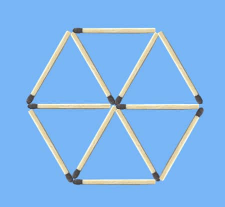 Remove 4 sticks to leave 3 triangles in hexagonal wheel puzzle figure